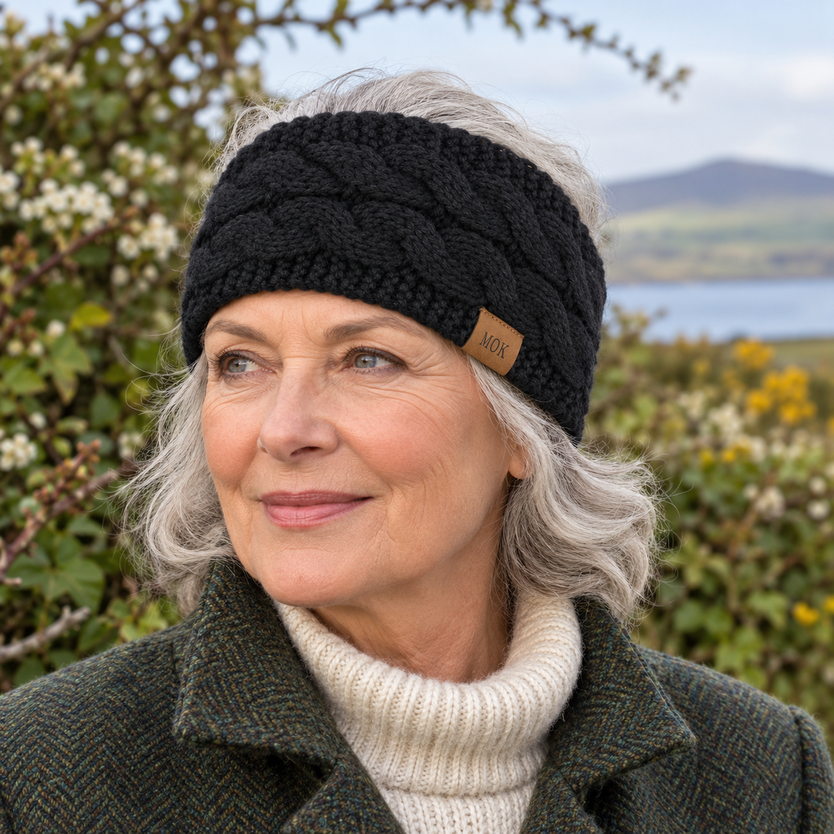 Aideen Plaid Ear Warmer on a mature model in an Irish editorial setting