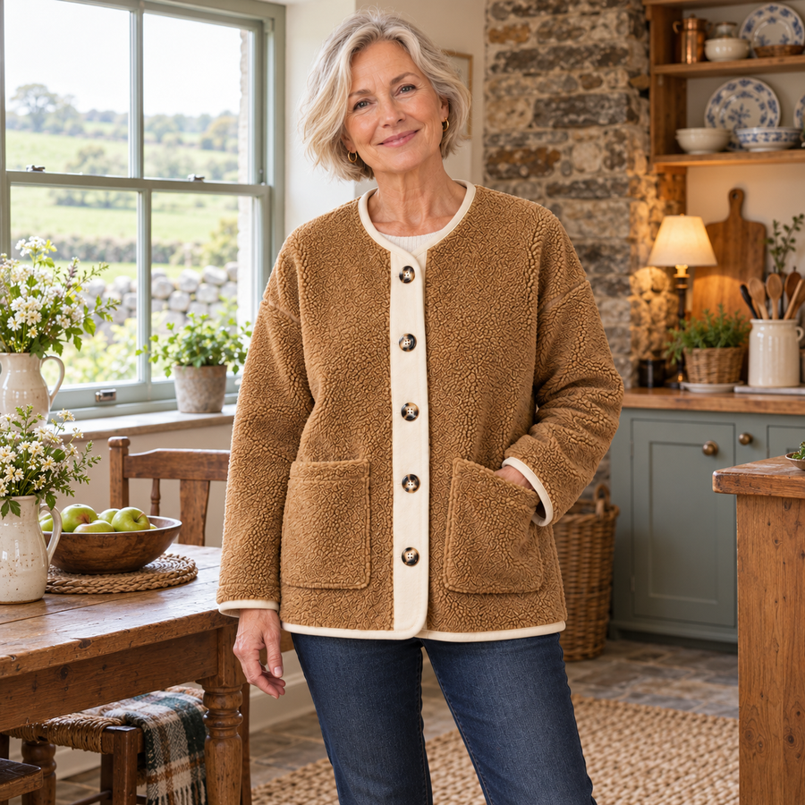 Treasa Textured Button Cardigan on a mature model in an Irish editorial setting