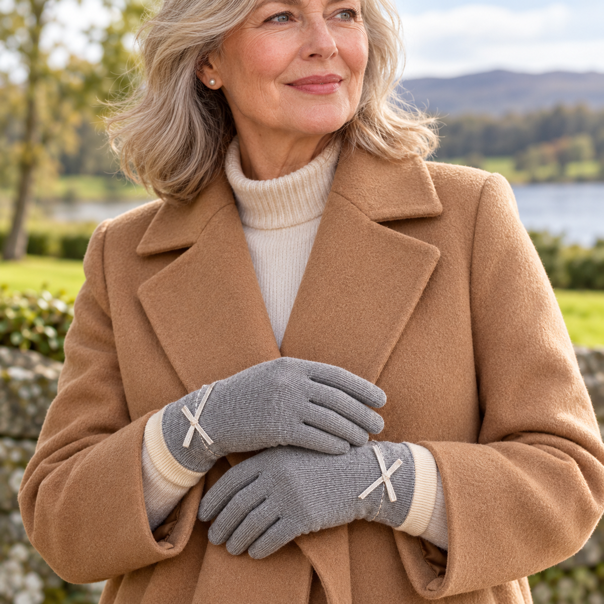 Nollaig Thermal Knit Gloves on a mature model in an Irish editorial setting