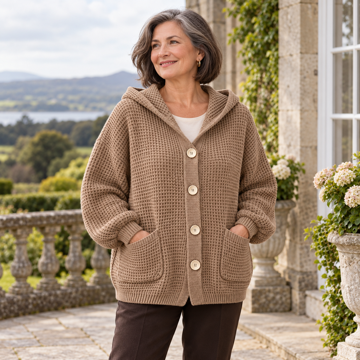 Sinéad Relaxed Hooded Jacket on a mature model in an Irish editorial setting