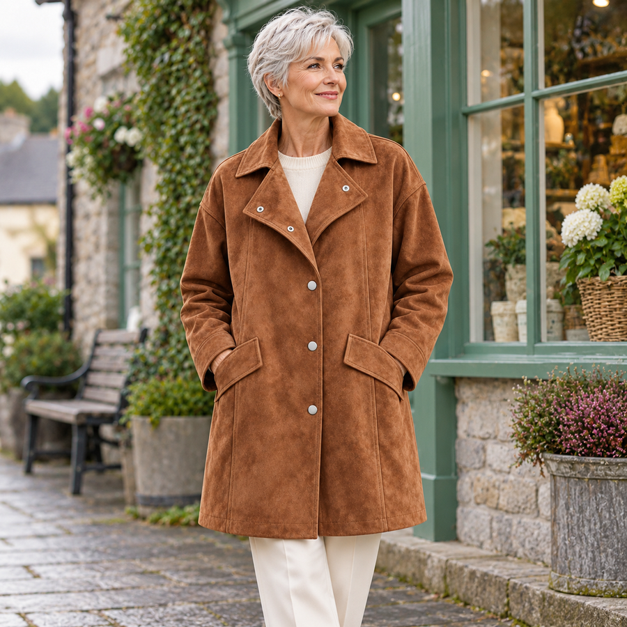 Ríona Suedette Midi Coat on a mature model in an Irish editorial setting
