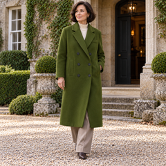 Laoise Longline Coat on a mature model in an Irish editorial setting