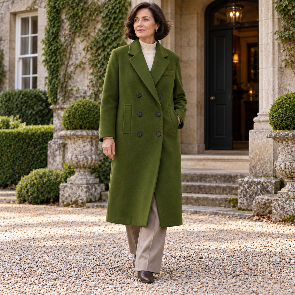 Laoise Longline Coat on a mature model in an Irish editorial setting
