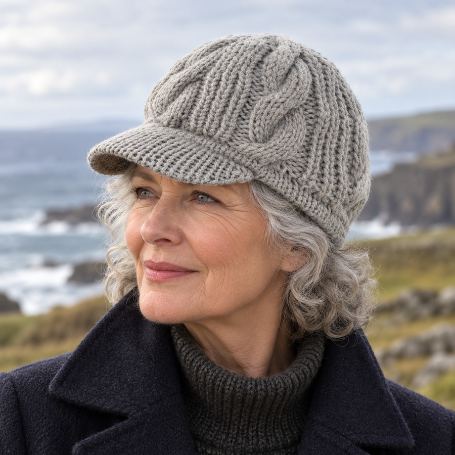 Eithne Cable Knit Beanie on a mature model in an Irish editorial setting