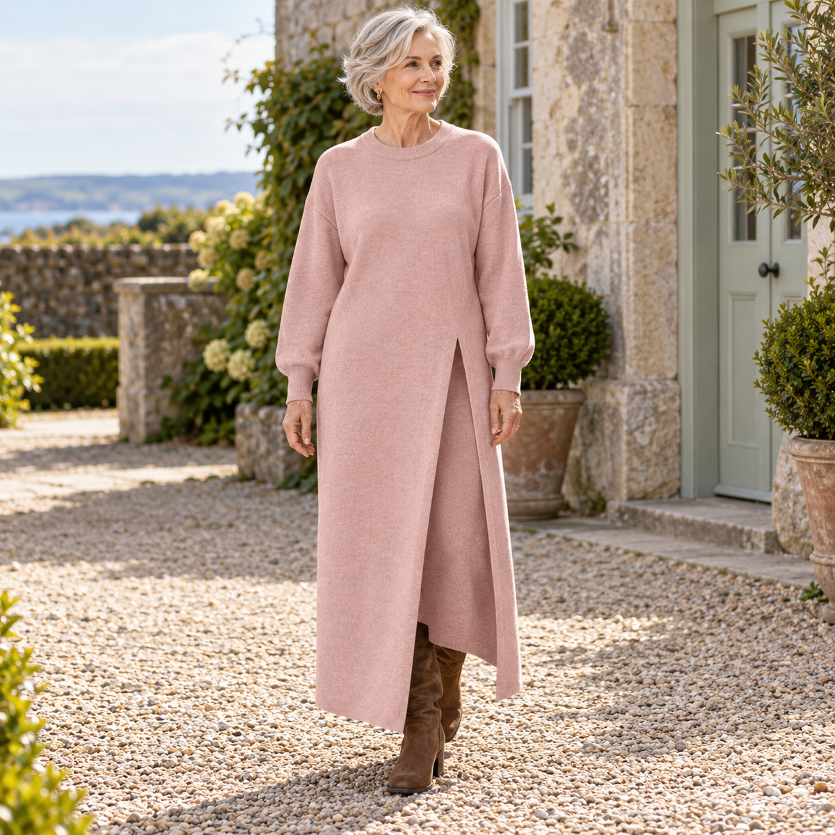 Kathleen Longline Knit Dress on a mature model in an Irish editorial setting