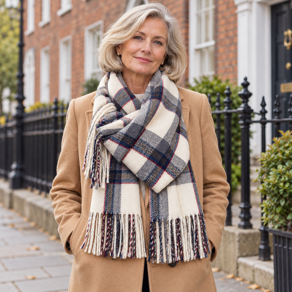 Saoirse Plaid Winter Scarf on a mature model in an Irish editorial setting