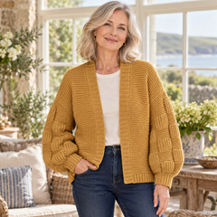 Imelda Chunky Puff-Sleeve Cardigan on a mature model in an Irish editorial setting
