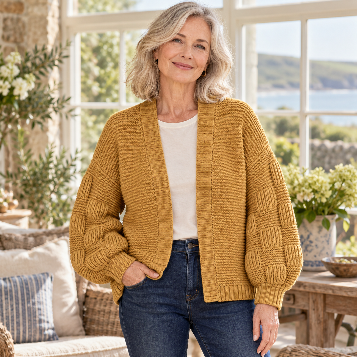 Imelda Chunky Puff-Sleeve Cardigan on a mature model in an Irish editorial setting