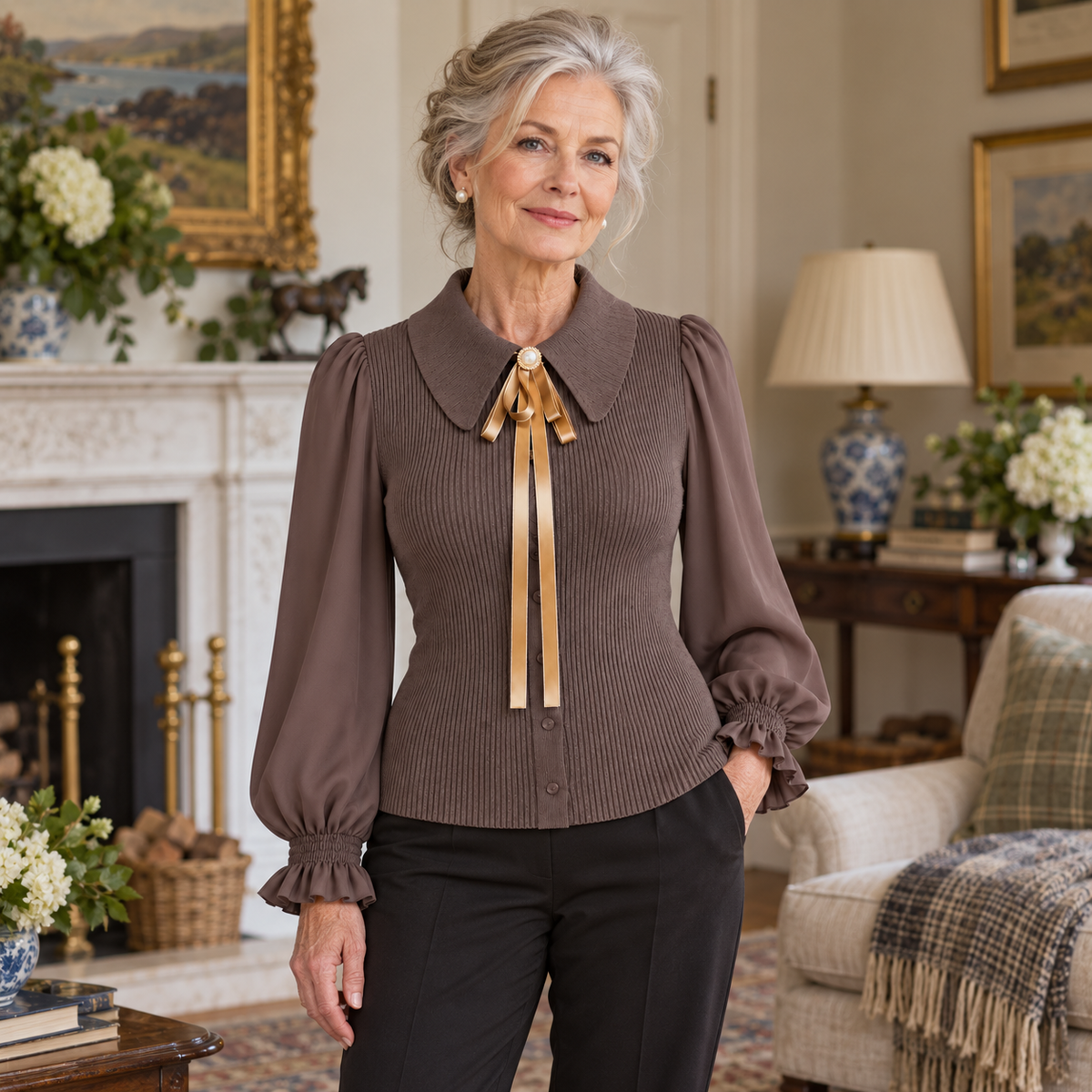 Nora Balloon-Sleeve Knit Jumper on a mature model in an Irish editorial setting