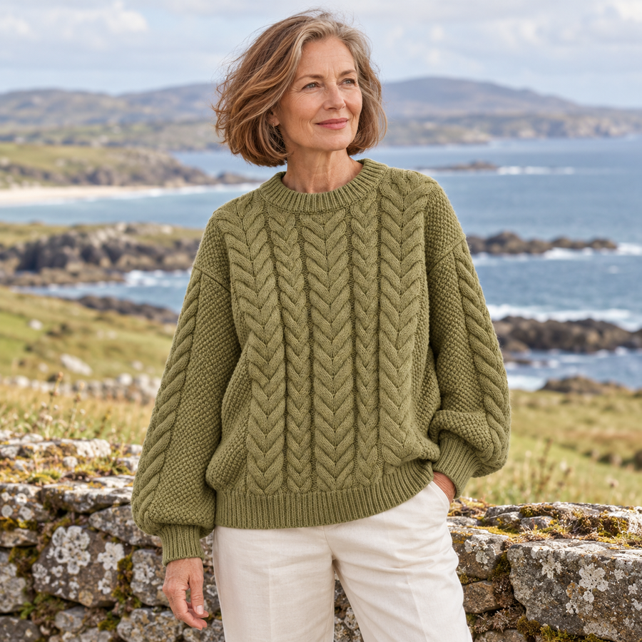 Fiona Relaxed Heritage Knit on a mature model in an Irish editorial setting