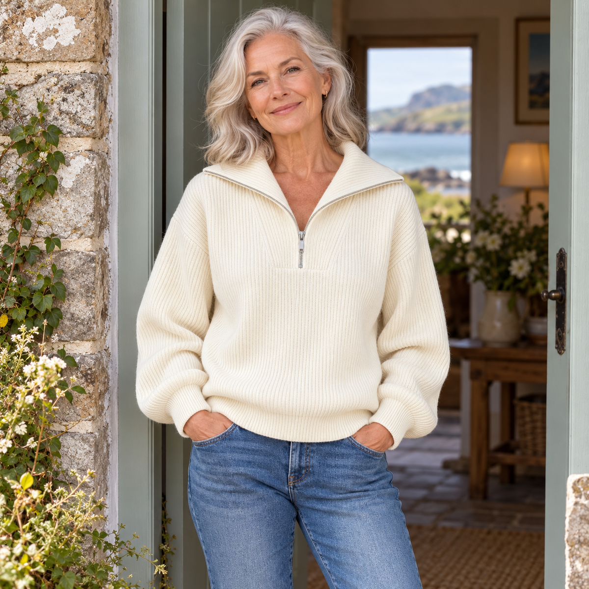 Maura Everyday Knit Jumper on a mature model in an Irish editorial setting