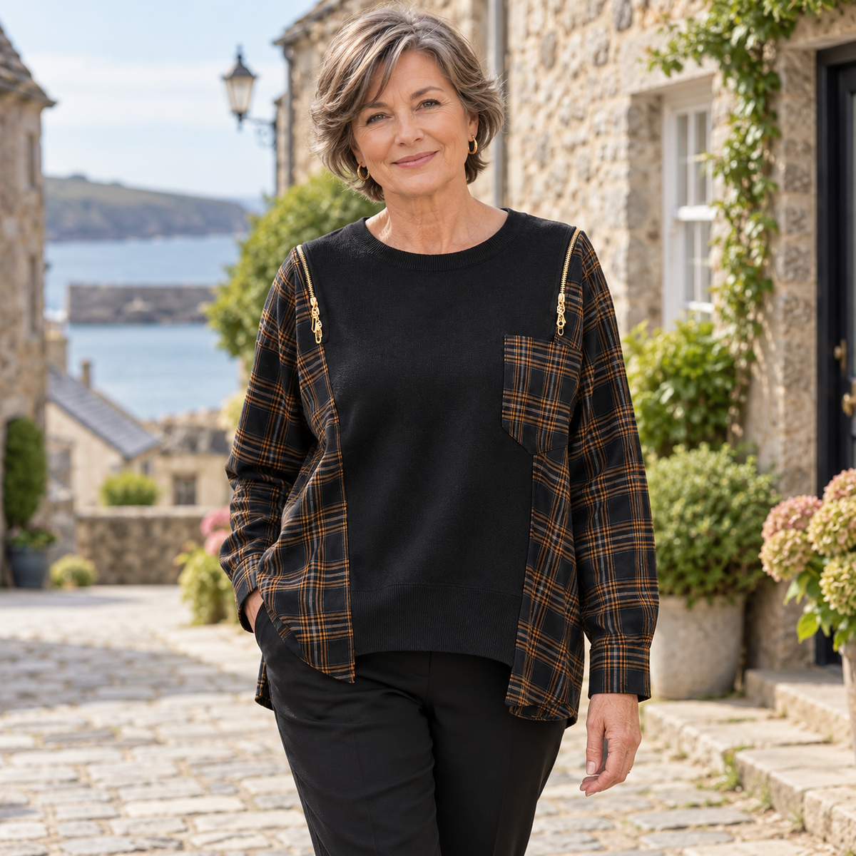 Eilís Check-Detail Knit Jumper on a mature model in an Irish editorial setting