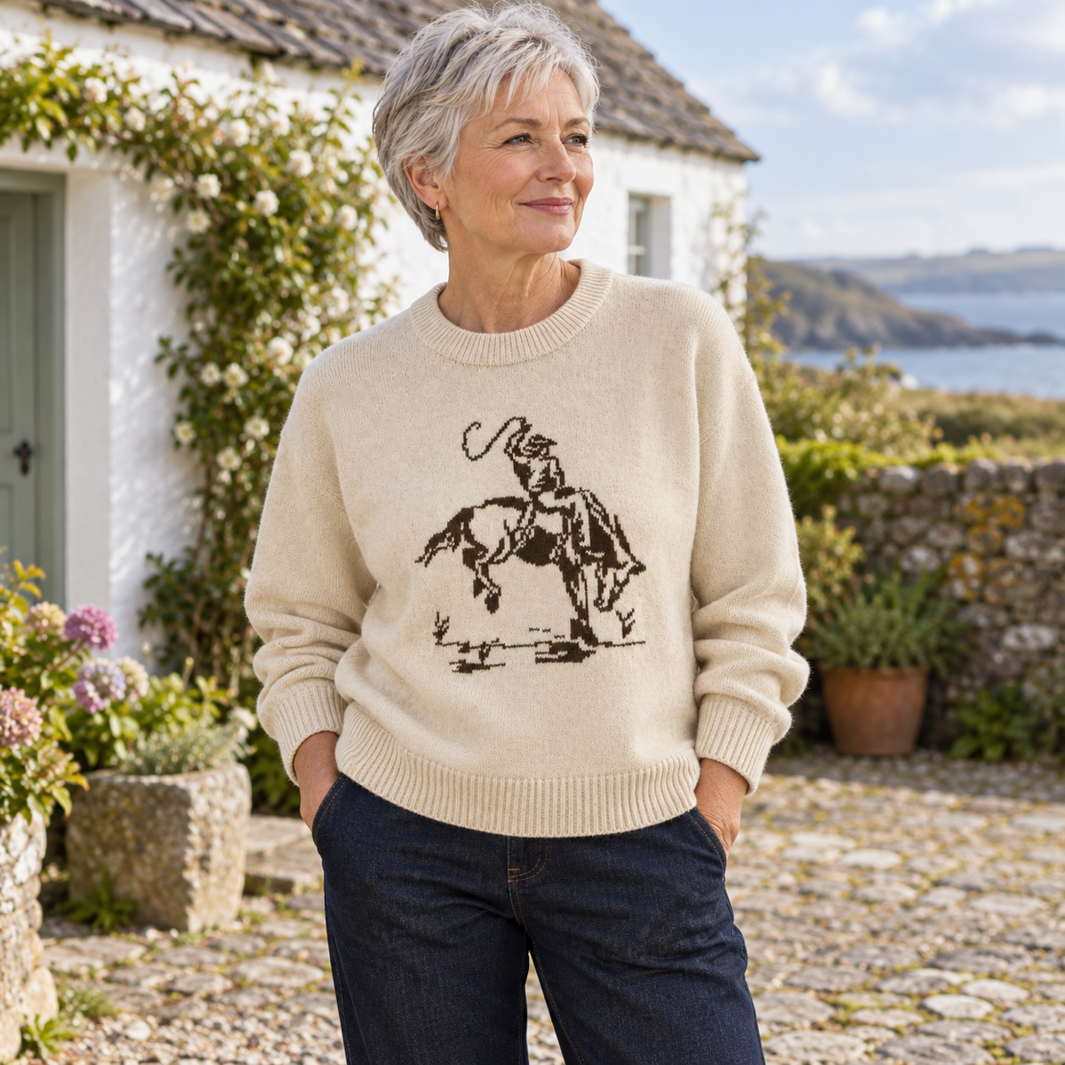 Dervla Relaxed Cotton Jumper on a mature model in an Irish editorial setting