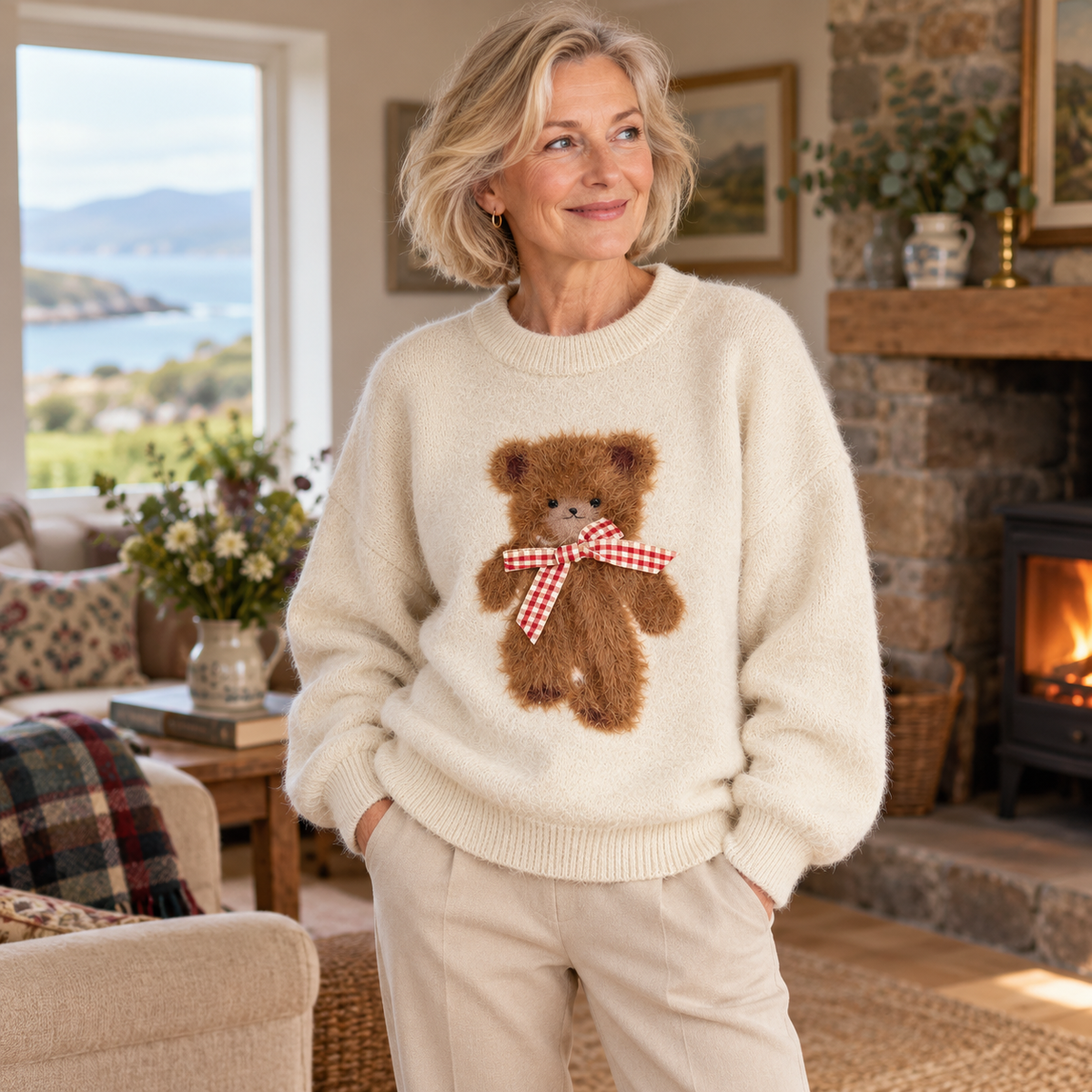 Tara Bear Jacquard Jumper on a mature model in an Irish editorial setting
