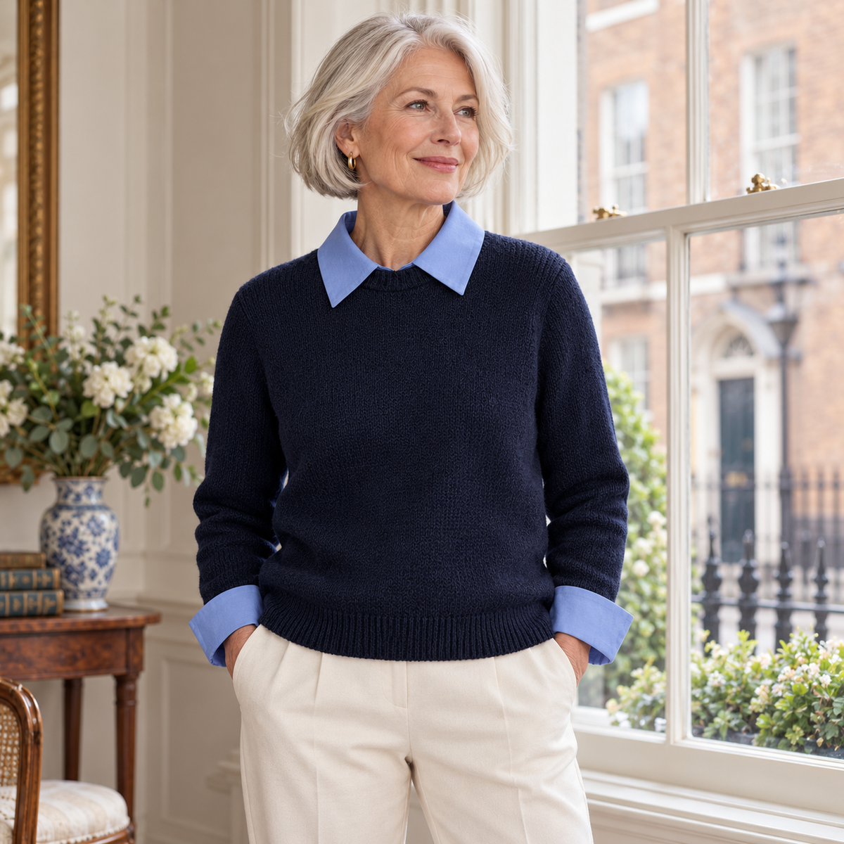 Moira Contrast-Collar Knit on a mature model in an Irish editorial setting
