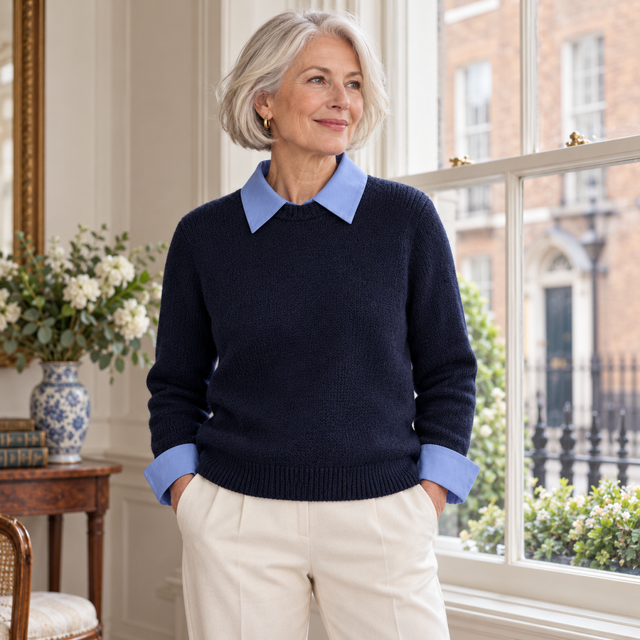 Moira Contrast-Collar Knit on a mature model in an Irish editorial setting