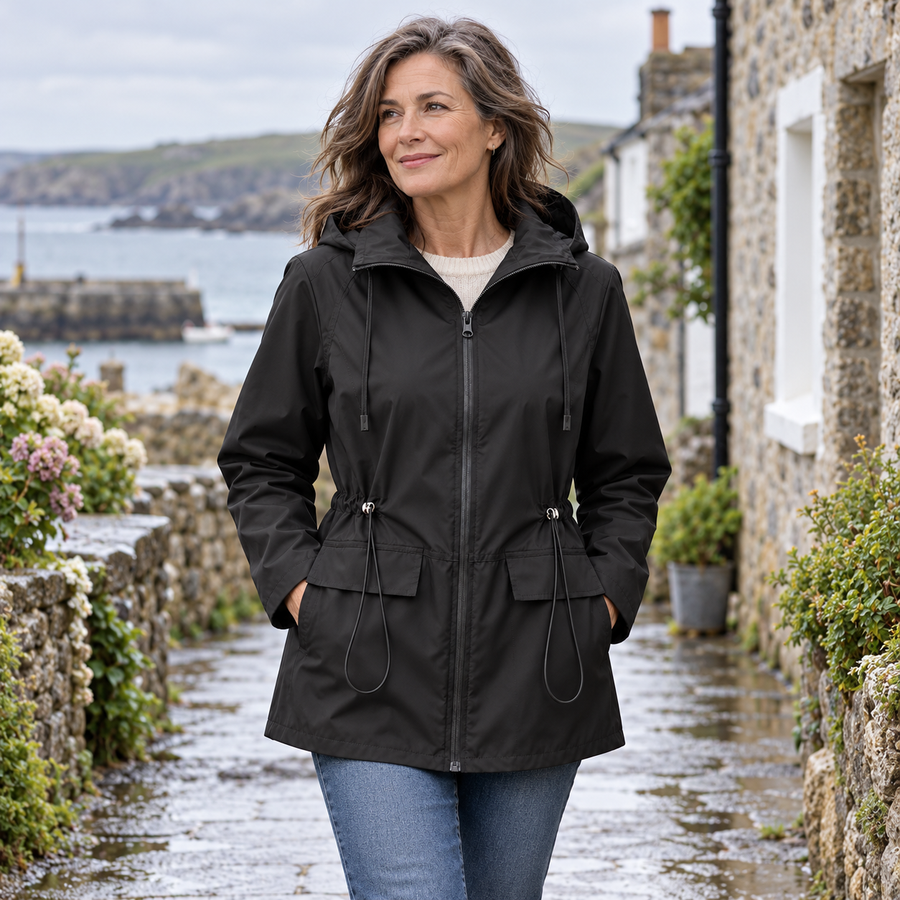 Aisling Hooded Rain Jacket on a mature model in an Irish editorial setting