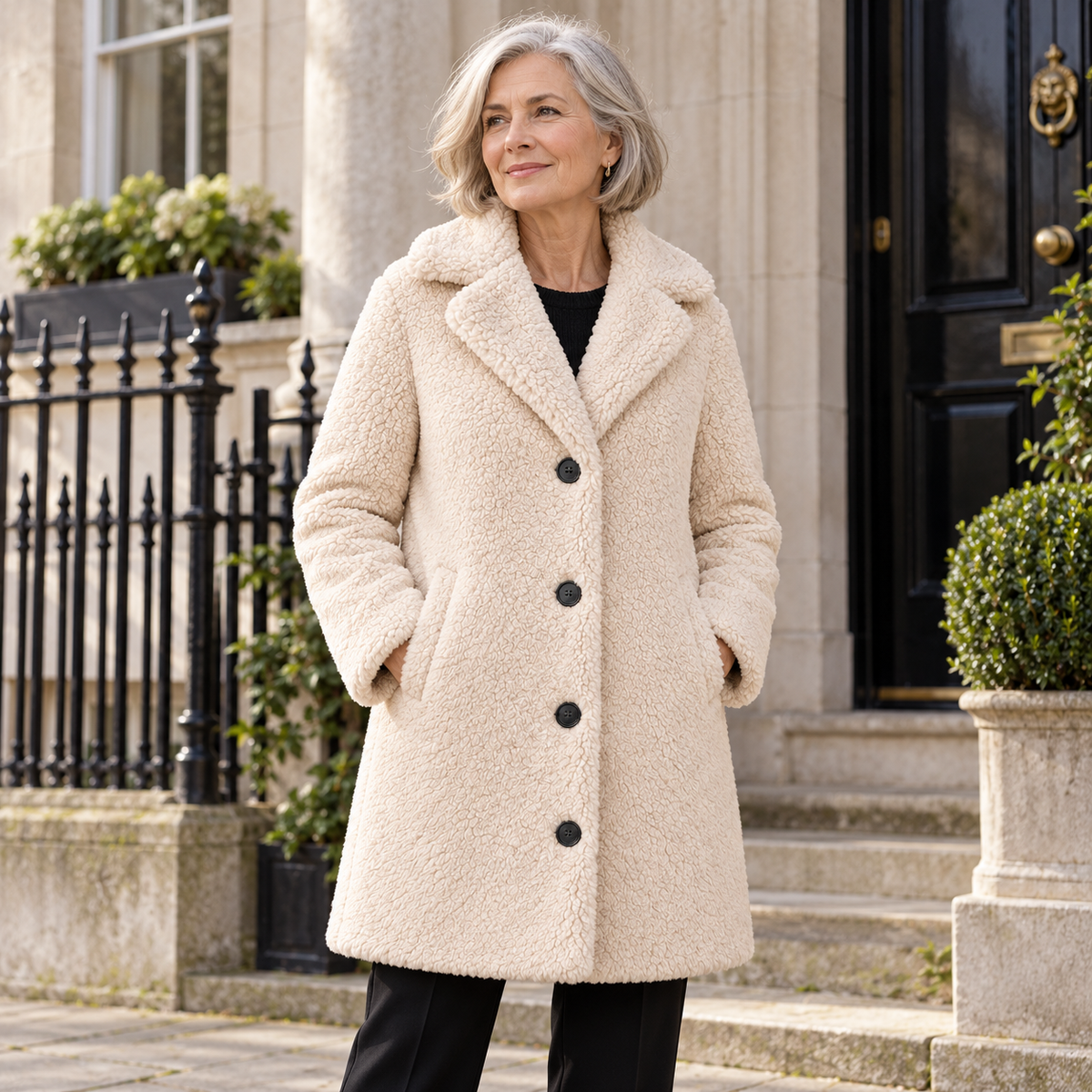 Clodagh Longline Fur-Collar Coat on a mature model in an Irish editorial setting