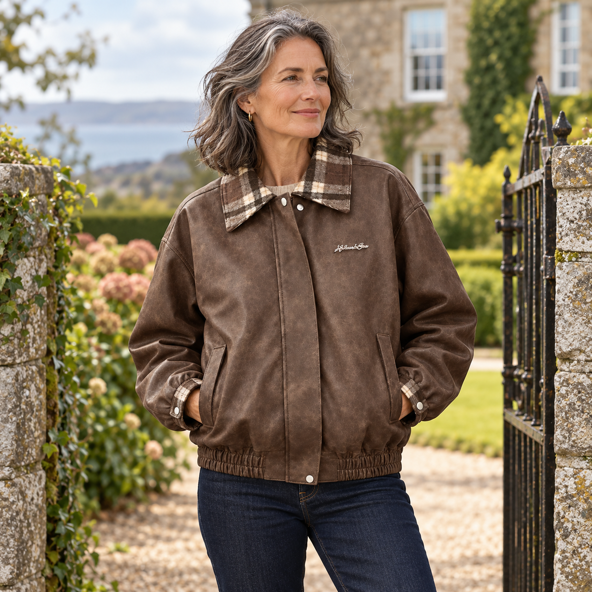 Orla Contrast Panel Jacket on a mature model in an Irish editorial setting