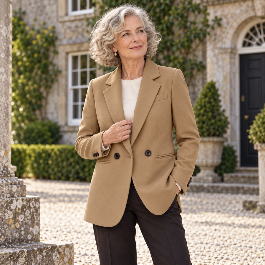 Gráinne Padded Tailored Blazer on a mature model in an Irish editorial setting