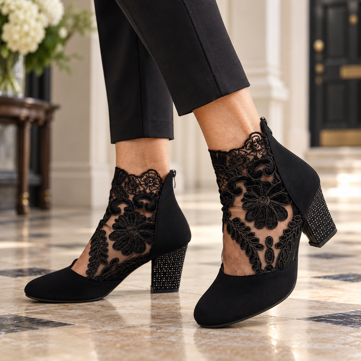 Miriam Wide-Fit Comfort Heels worn by a mature model in an Irish editorial setting