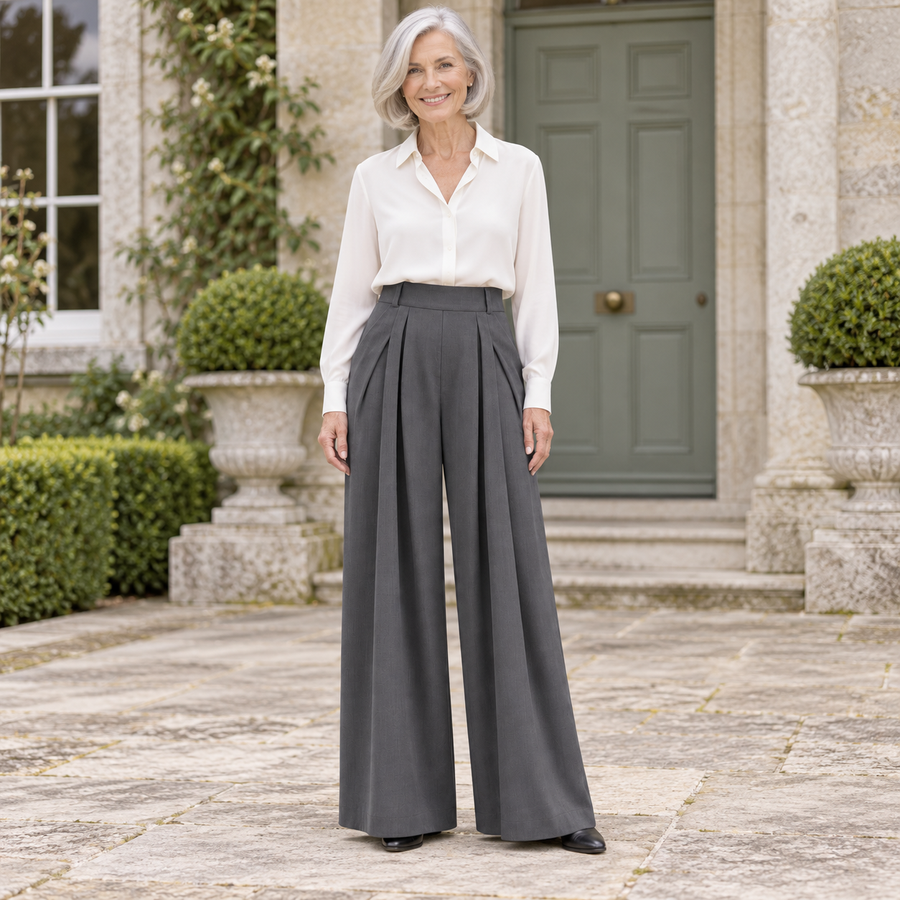 Eimear Tailored Wide-Leg Trousers worn by a mature model in an Irish editorial setting