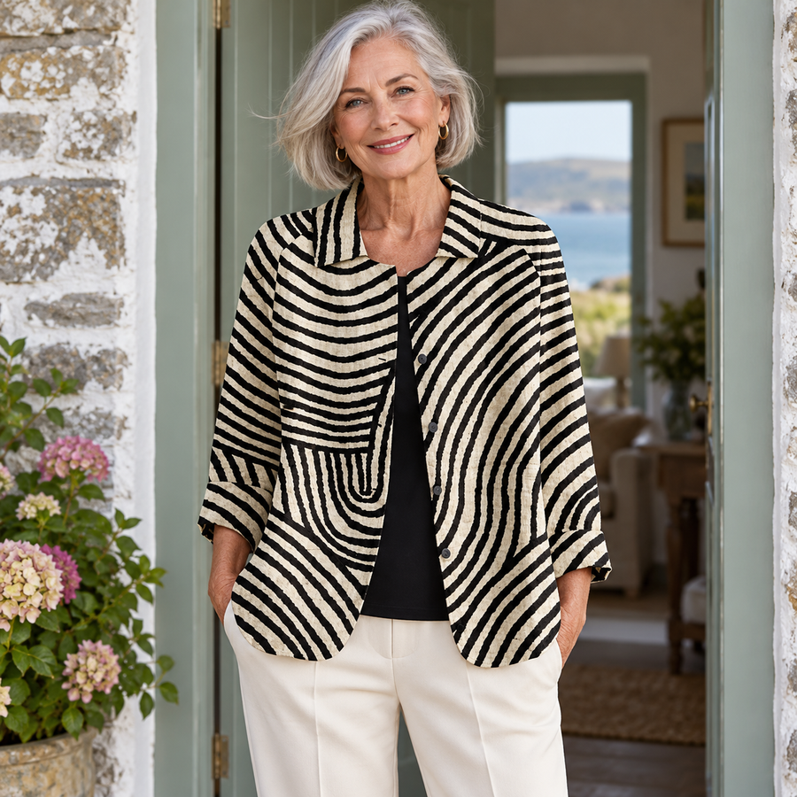 Valerie Striped Open Blazer worn by a mature model in an Irish editorial setting