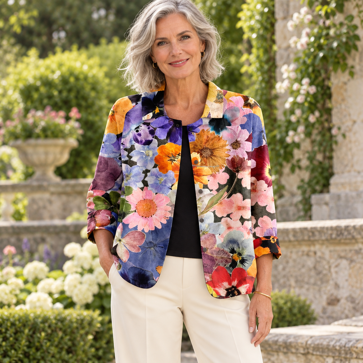 Edith Blossom Open Jacket worn by a mature model in an Irish editorial setting