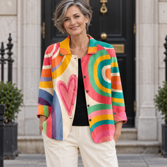 Olive Art Print Jacket worn by a mature model in an Irish editorial setting