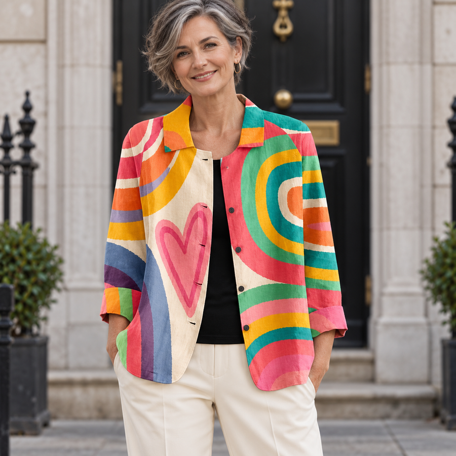 Olive Art Print Jacket worn by a mature model in an Irish editorial setting