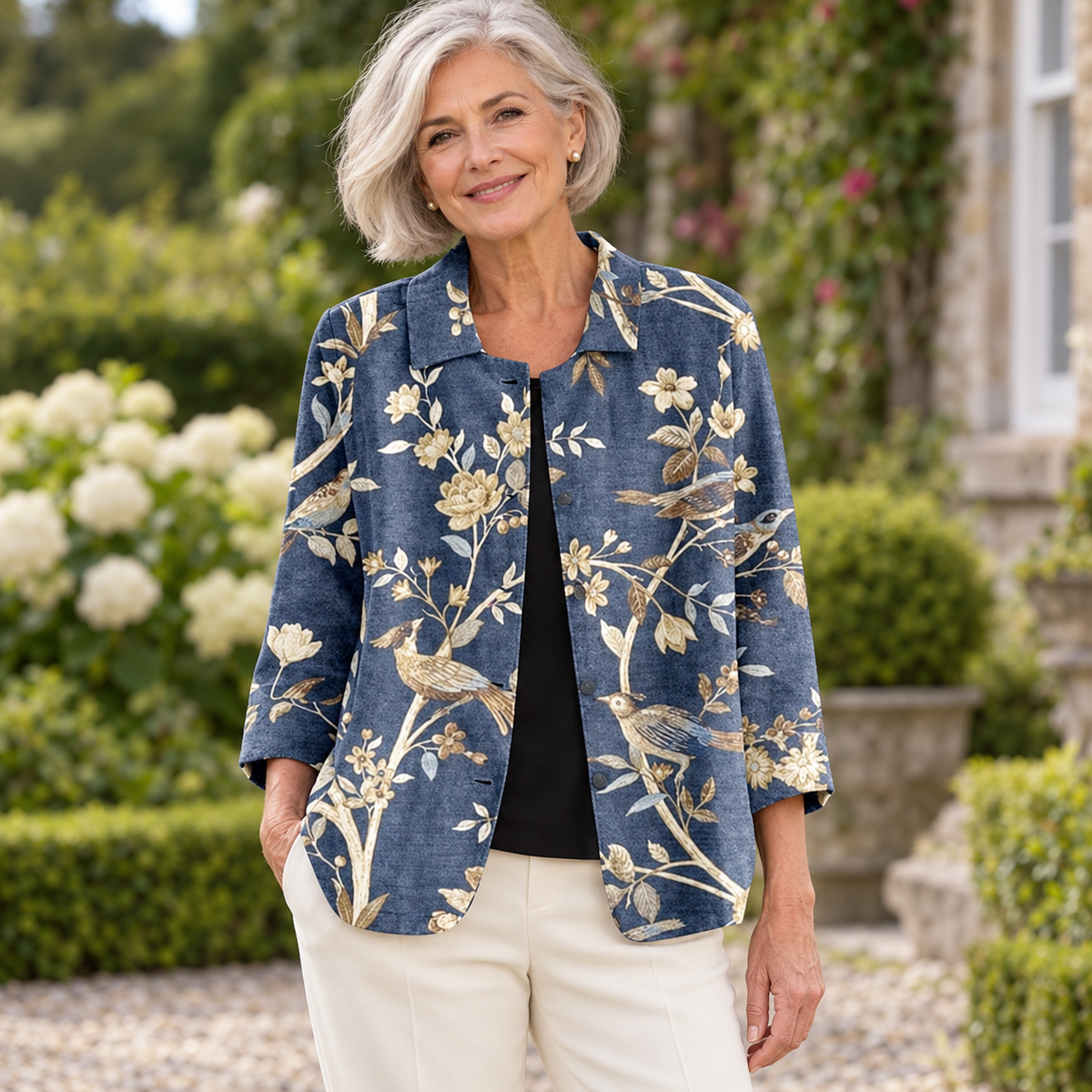 Hazel Botanical Print Jacket worn by a mature model in an Irish editorial setting