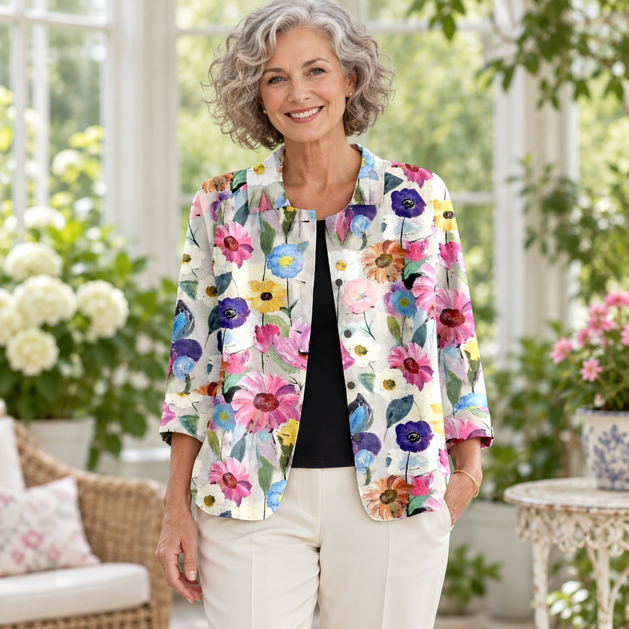 Margaret Floral Open Blazer worn by a mature model in an Irish editorial setting