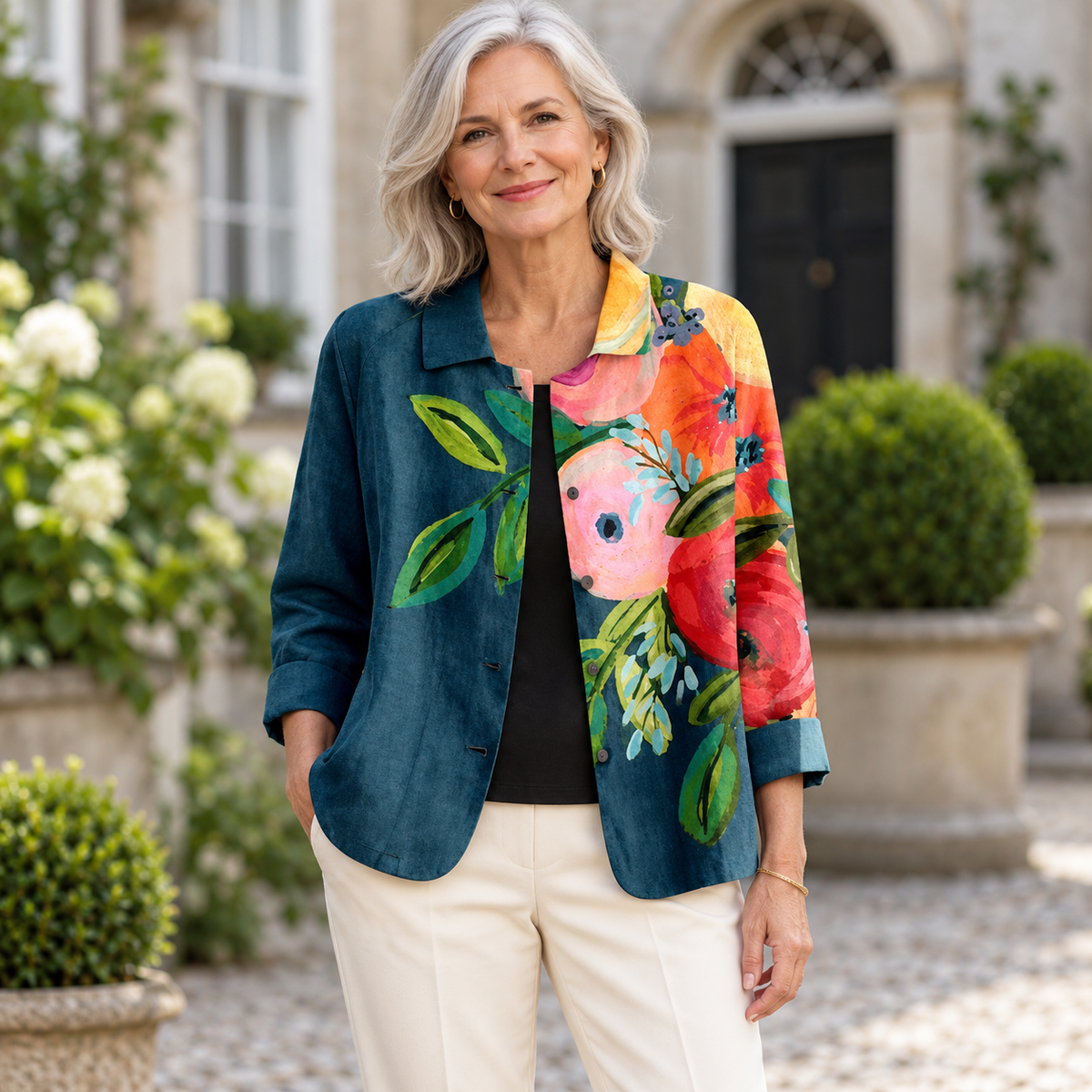 Mabel Painterly Floral Jacket worn by a mature model in an Irish editorial setting