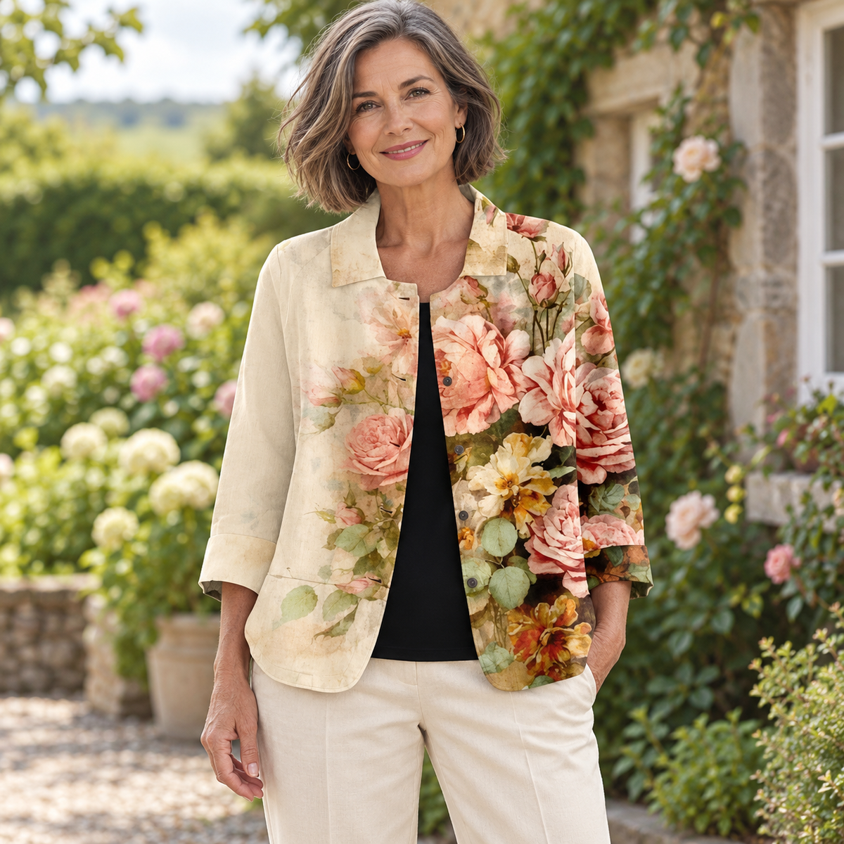 Florence Floral Open Jacket worn by a mature model in an Irish editorial setting