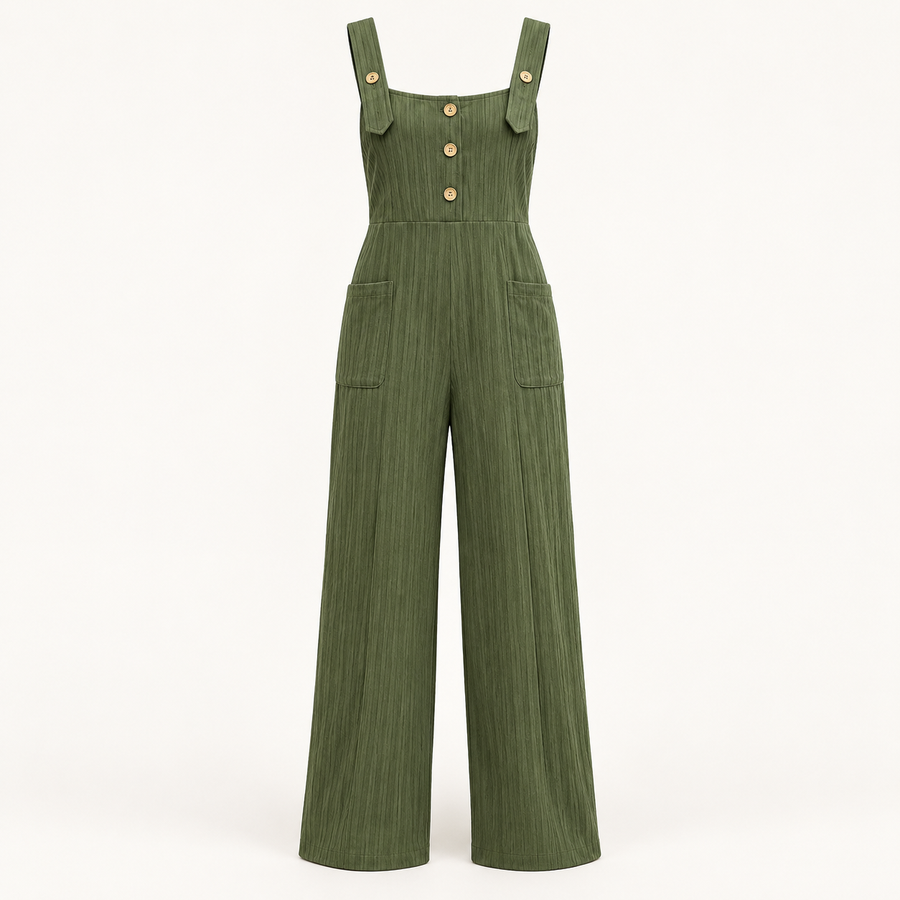 Sadhbh Pleated Jumpsuit – Army Green – studio front
