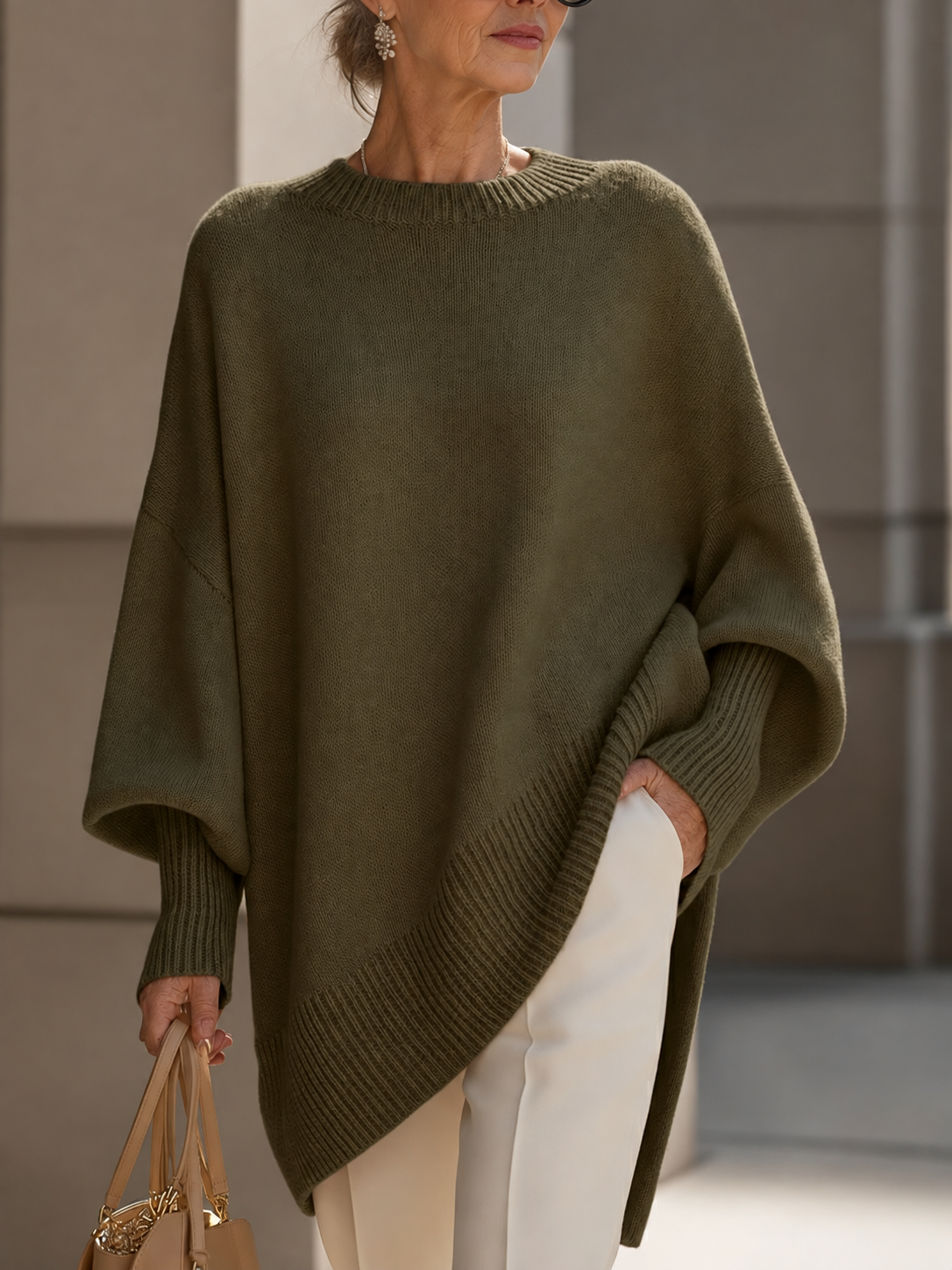 Shannon Relaxed Knit Jumper on a mature woman; AI-edited model