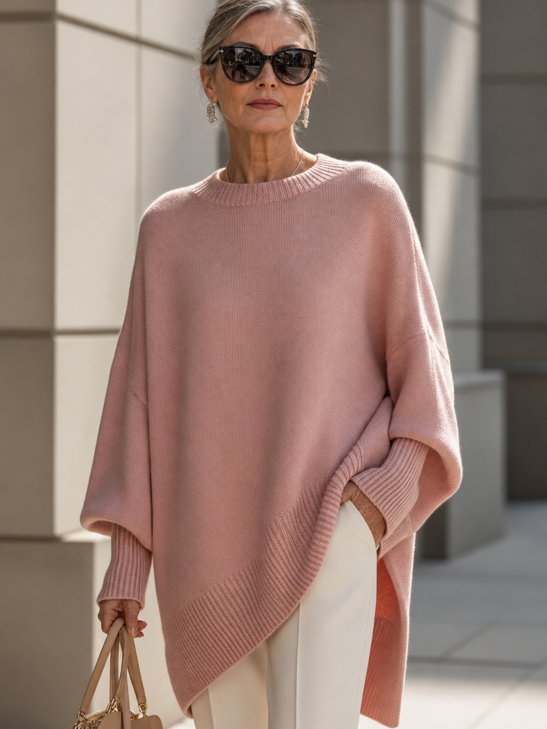Shannon Relaxed Knit Jumper on a mature woman; AI-edited model