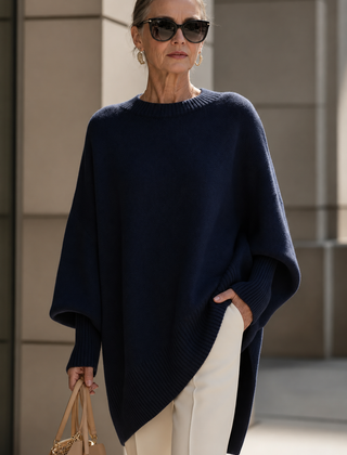 Shannon Relaxed Knit Jumper on a mature woman; AI-edited model