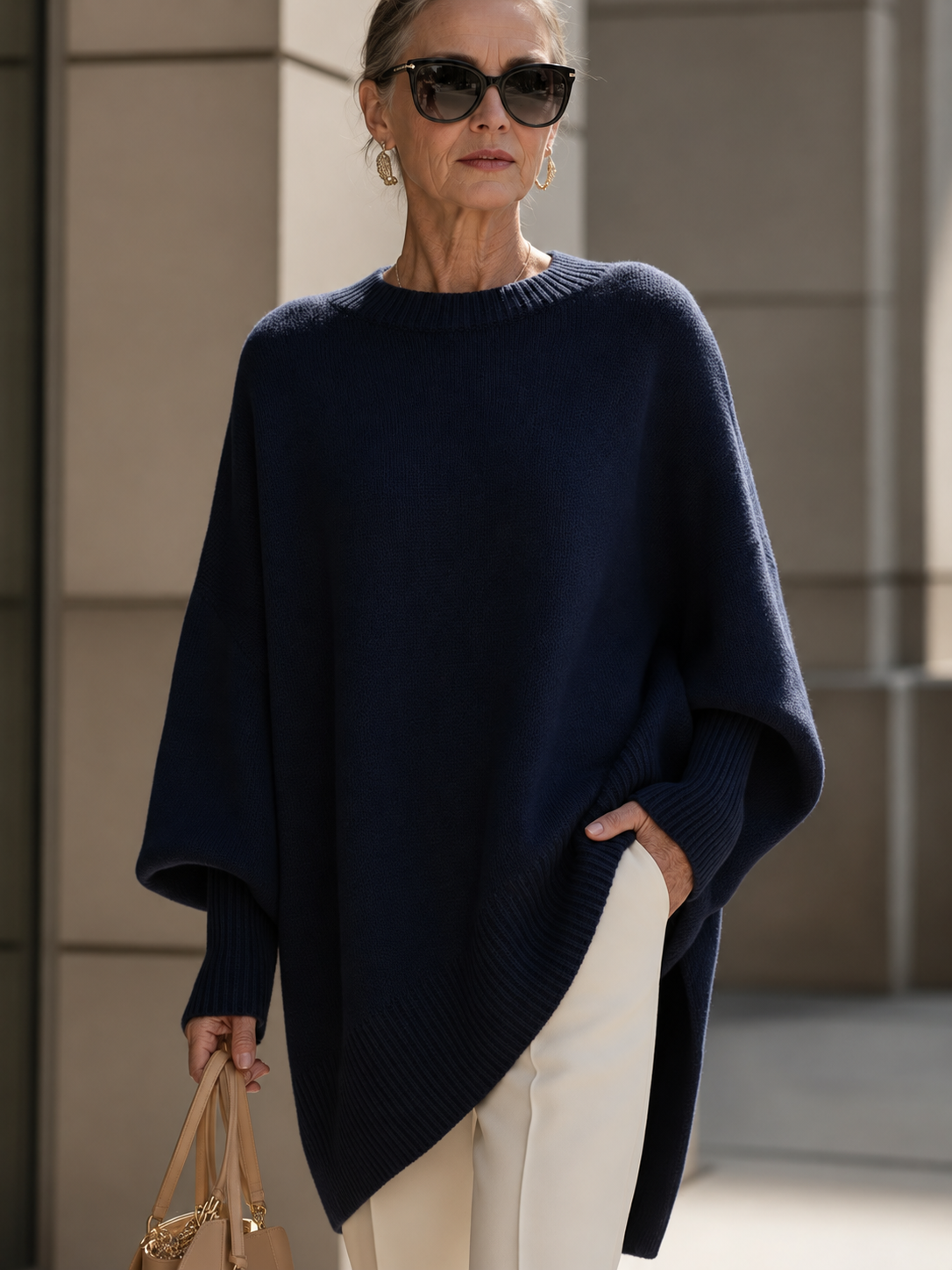 Shannon Relaxed Knit Jumper on a mature woman; AI-edited model