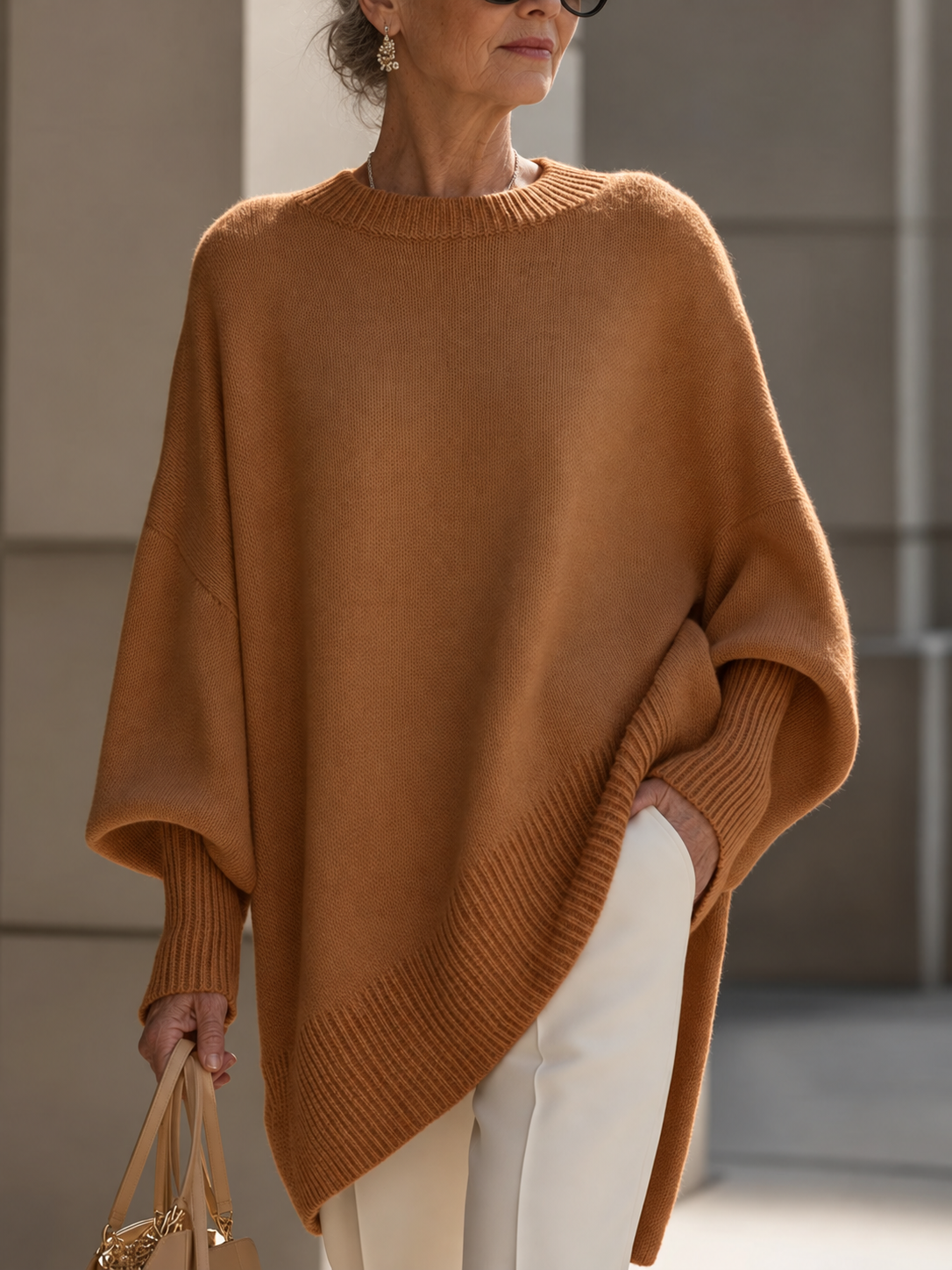 Shannon Relaxed Knit Jumper on a mature woman; AI-edited model
