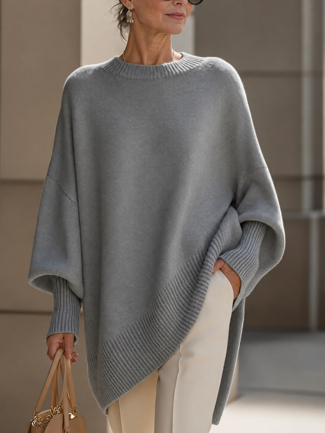 Shannon Relaxed Knit Jumper on a mature woman; AI-edited model