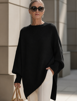 Shannon Relaxed Knit Jumper on a mature woman; AI-edited model