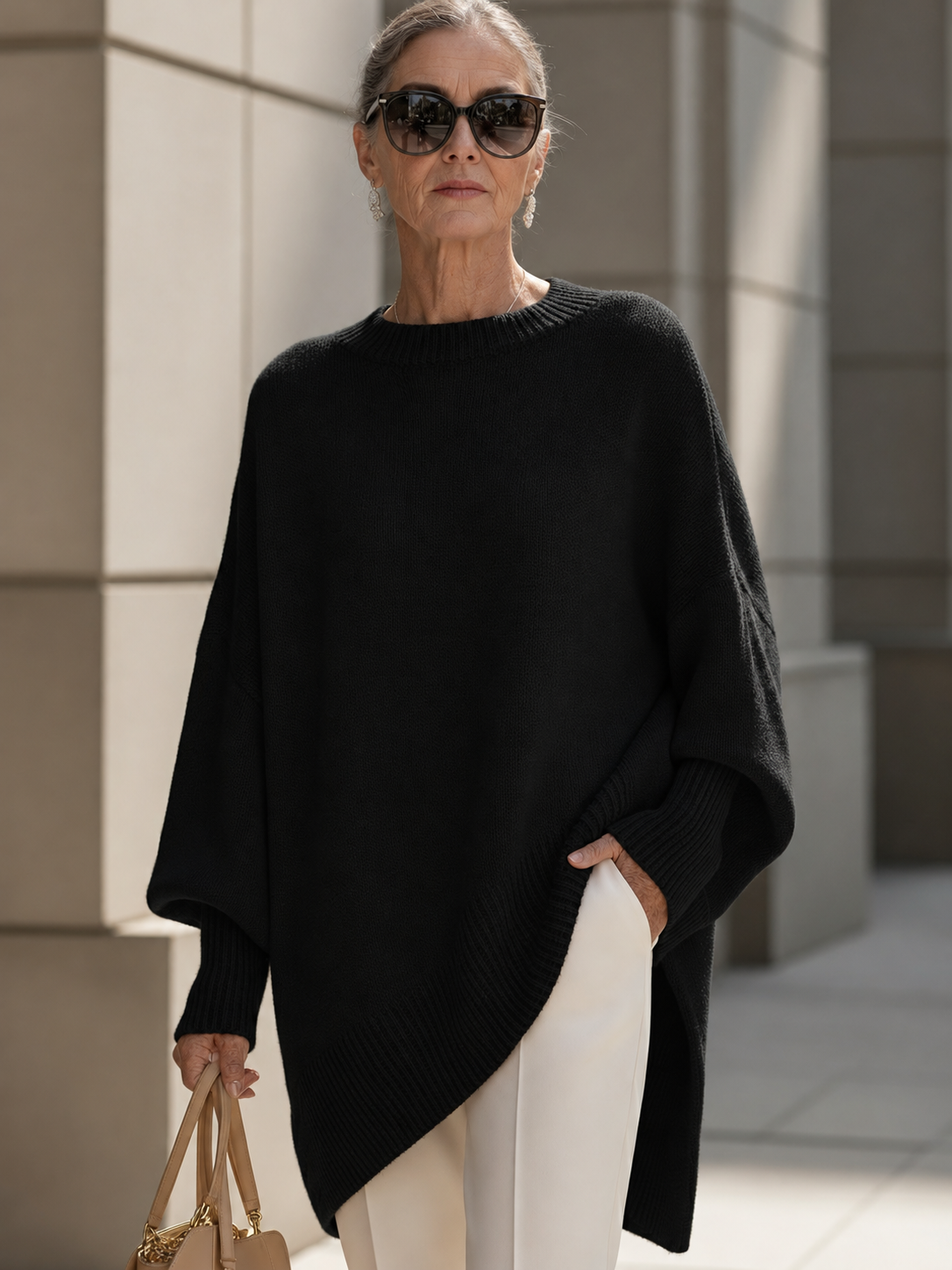 Shannon Relaxed Knit Jumper on a mature woman; AI-edited model